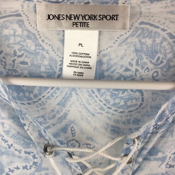 Jones New York Pheasant Blouse Blue White Lace Neck Large Petite - Picture 6 of 6